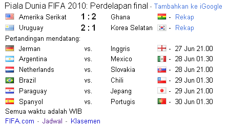 Jadwal Perdelapan Final Fifa 2010 by Google (Fifa.com)