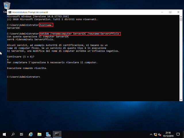 Windows Server 2019, Modifica nome server tramite netdom