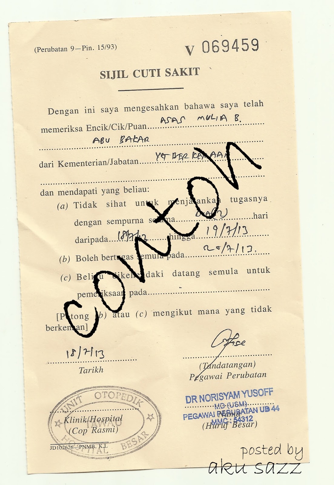 Surat Rasmi Mc Sakit - Kosong Kerja