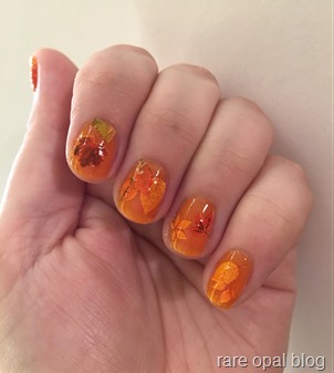 Autumnal Jelly Sandwich Nail Polish look Orange jelly Maybelline Edgy Tangy with leaf nail stickers