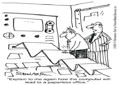 Cartoon picture showing how paperless office will be done