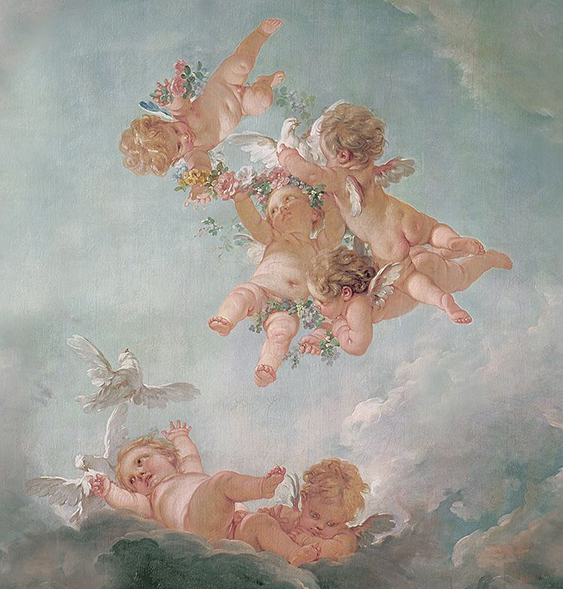 Cherubs depicting the four seasons, by Francois Boucher, 18th century for the Chateau de Fontainbleau | putti with flowers, putti with doves, cupid, cherubs, aesthetic | Allegory of Vanity