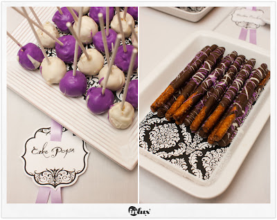 A delicious purple black and white damask dessert buffet put together by At