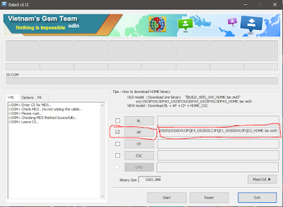 Buka odin & klik pada AP untuk menambhakan firmware yang sudah di ekstrak