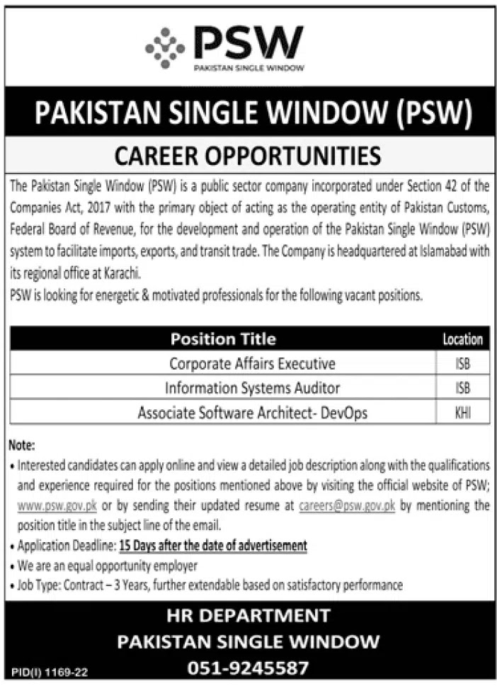 Pakistan Single Window Jobs 2022 - PSW Jobs 2022 - www.psw.gov.pk Jobs 2022