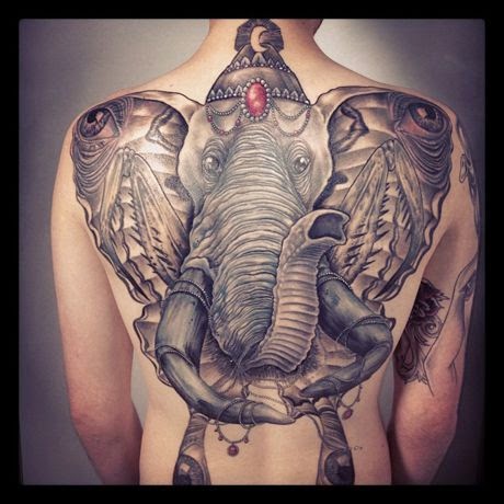 Full Back Elephant Ganesh Tattoo, Women Back With Lord Ganesh Elephant Tattoo, Elephant With Ganesha Tattoo Design, Women, Animal,