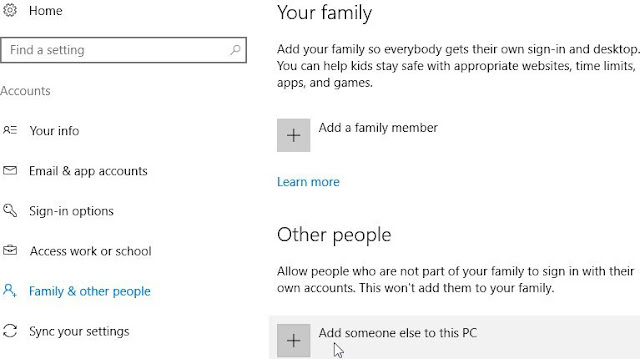 Windows 10, Paramètres, Comptes, Famille et autres personnes. Pour ajouter des utilisateurs, cliquez ou appuyez sur 'Ajouter quelqu'un d'autre à ce PC'.