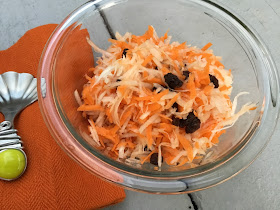kohlrabi, carrots, and raisin slaw @ http://www.glutenfreematters.com