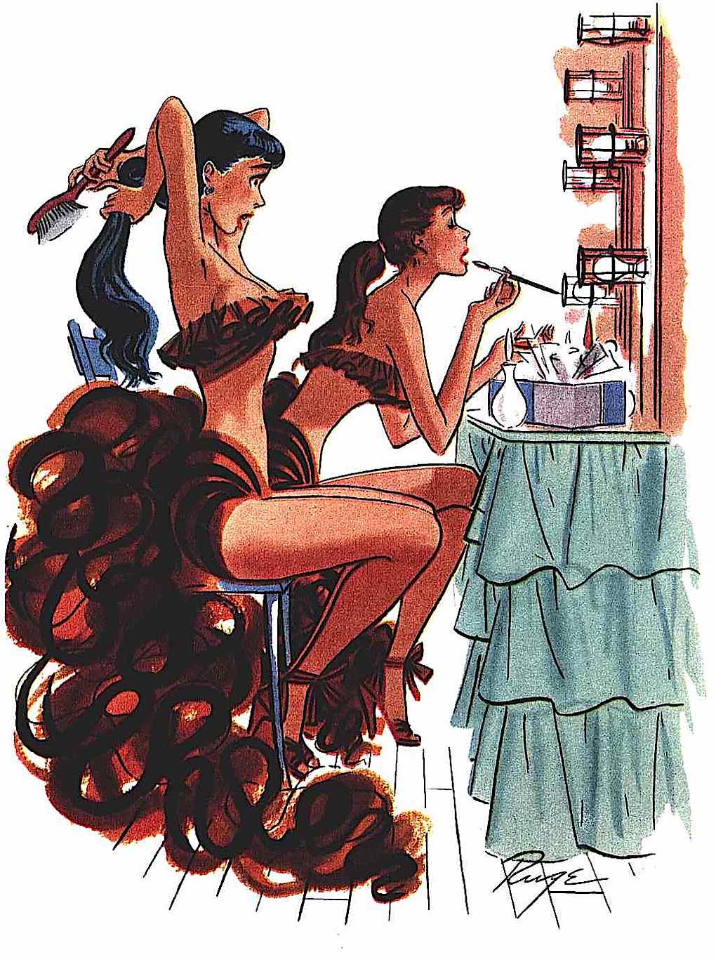a John Ruge 1952 Illustration of dressing room showgirls
