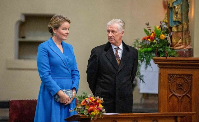 Queen Mathilde wore a royal blue midi dress coat by Meer Couture Brussels, Said Meer
