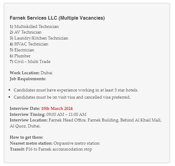 Dubai UAE Jobs Interviews From Today, 10 March 2024