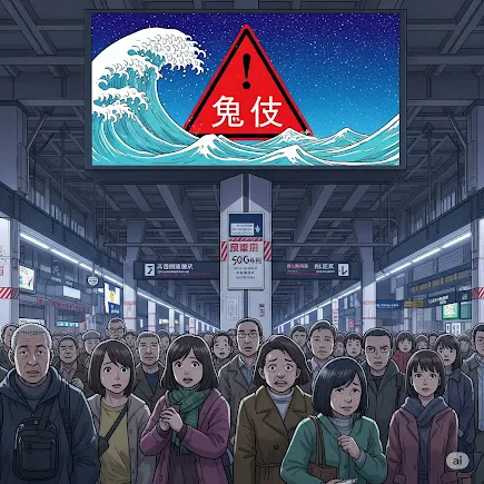 A worried crowd at a Japanese train station beneath a digital billboard showing a tsunami warning, inspired by manga predictions