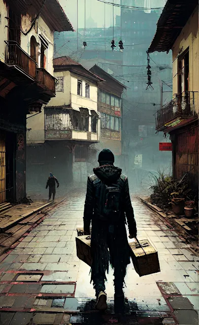 Imagem abstrata, mostrando um homem de cabelo escuro chegando em uma cidade suburbana escura e misteriosa