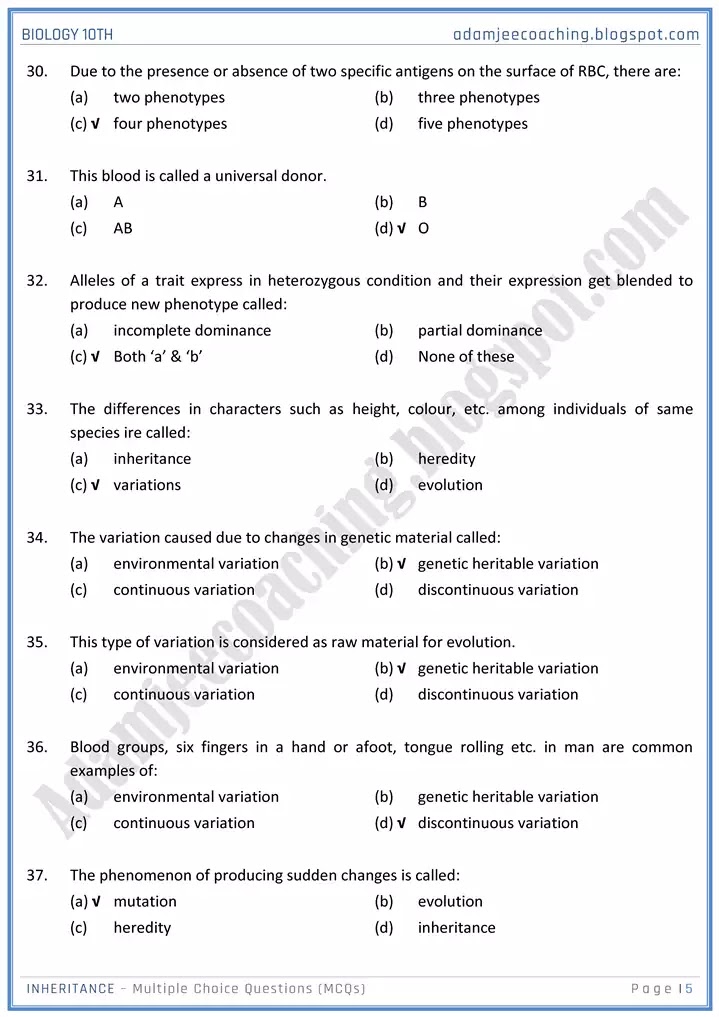 inheritance-mcqs-biology-10th