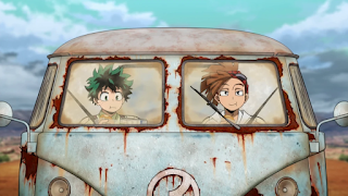 Izuku and Rody riding in a truck, munching on snacks.