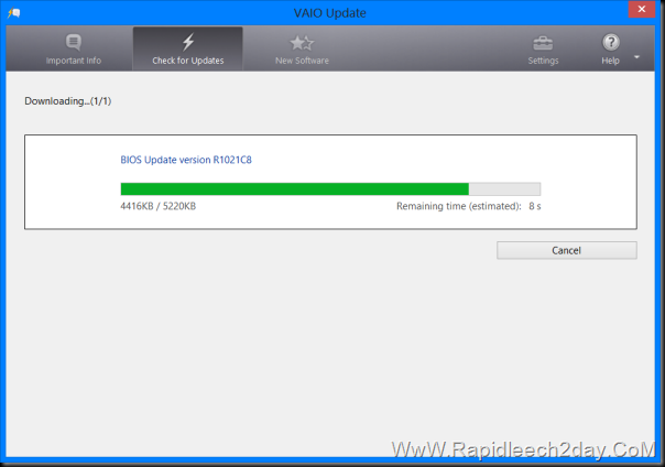 VAIO Update Utility - Downloading BIOS Update version R1021C8