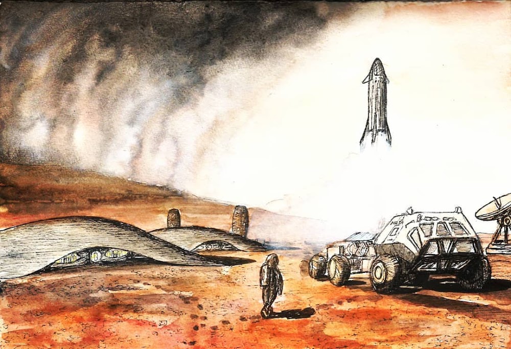 Sketch of SpaceX Starship landing at Mars base by Colin Doublier