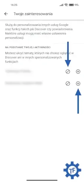 Zakładka twoje zainteresowania w ustawieniach Google Discover