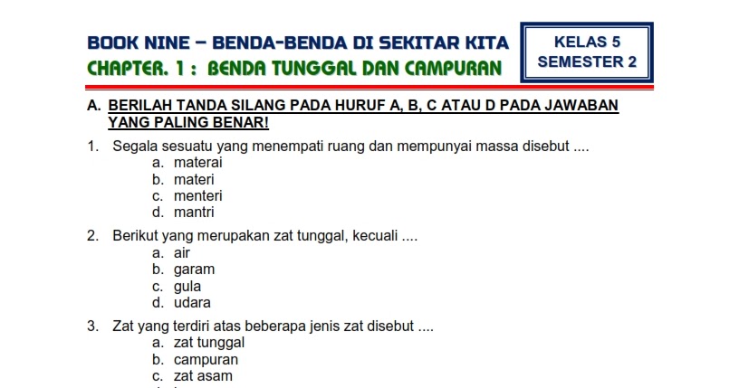 Download Soal Tematik Kelas 5 Semester 2 Tema 9 Subtema 1 