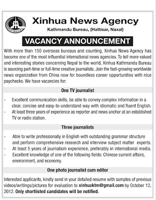 Job Vacancy - Xinhua News Agency, Kathmandu Bureau