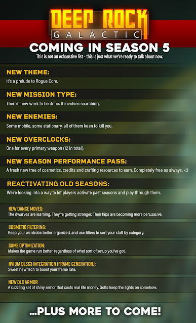 With the next season on the horizon with it promising a new theme which a marked as a prelude to their other game Rogue Core, mission type involving searching, new enemies which includes mobile and stationary types, new overclocks for each of the primary weapons, a new season pass, reactivation of old seasons, with additions in the form of new dance moves, cosmetic filtering to allow sorting by category, more game optimisation, Nvidia DLSS 3 Integration( frame generation) and new armour DLC. It includes the promise of more to come