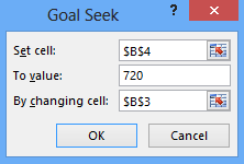 Enter values in the goal seek dialogue box