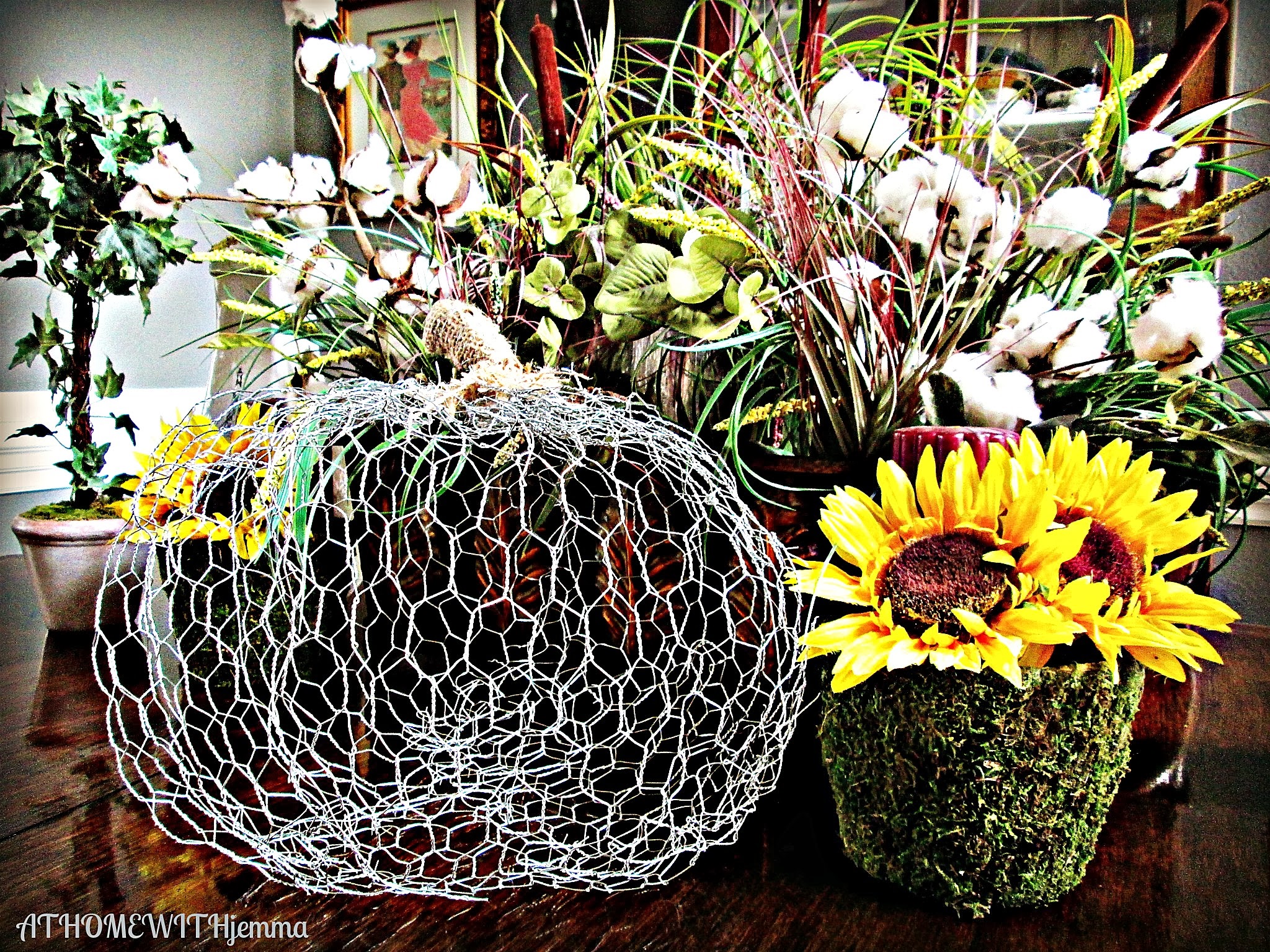 Jemma's- dining room table- chicken wire pumpkin, sunflower-cotton