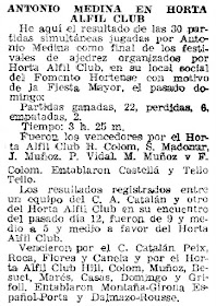 Simultáneas de Antonio Medina en el Horta Alfil Club, recorte de prensa del Mundo Deportivo, 20/09/1946