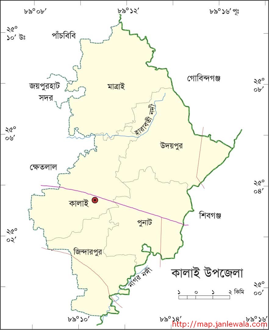 কালাই উপজেলা মানচিত্র, জয়পুরহাট জেলা, বাংলাদেশ