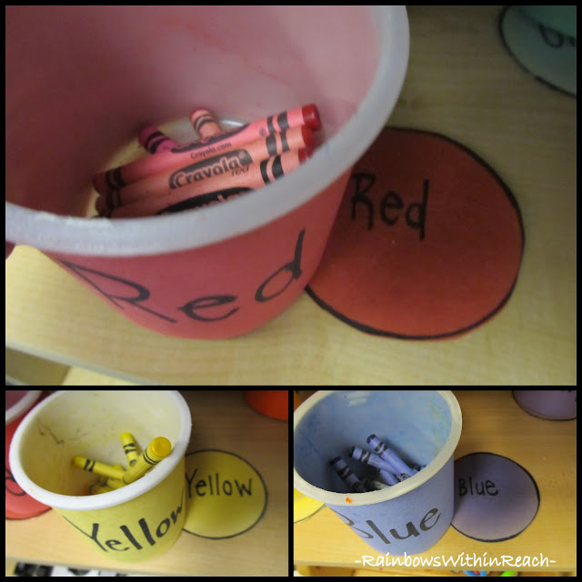 DIY Crayon Bins from recycled icing containers, wrapped in construction paper and labeled