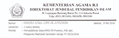 Pemutakhiran Data EMIS PD-Pontren, PAI dan Pengawas Madrasah Semester Genap TP 2015/2016