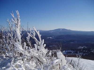 Snowmaking overnight whitened the trees at Bromley's summit. Looking towards Stratton Mountain.  

The Saratoga Skier and Hiker, first-hand accounts of adventures in the Adirondacks and beyond, and Gore Mountain ski blog.