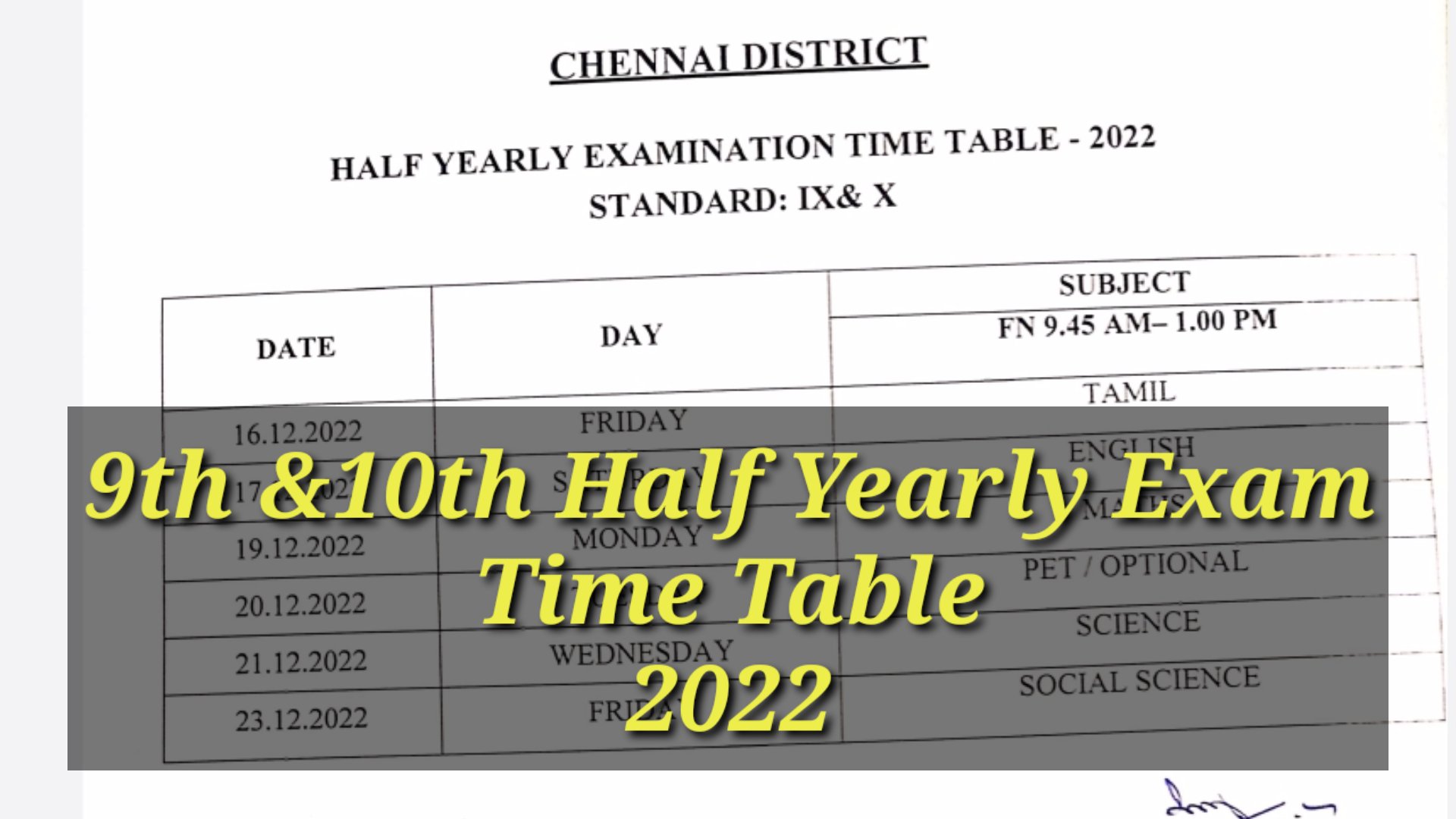 9th and 10th Half Yearly Exam Time Table Chennai District