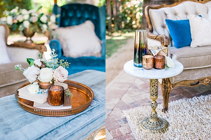 Brass wedding details and decor with florals, books, and candles | Photo by Dennis Roy Coronel | See more on thesocalbride.com