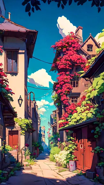 Anime, street, scenic, buildings, anime landscape, building, sky, clouds, city, trees,  blossom tree, scenery, iphone wallpaper, house