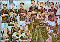 F. C. BARCELONA - Barcelona, España - Temporada 1908-09 - Pintura sobre el equipo del Barcelona posando para la foto