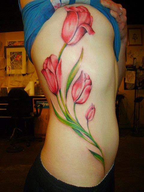 Flower Tulip Designs Tattoos, Women Side Body with Tulip Flower, Women with Blossom Tulip Flower Tattoos, Flower, Parts, Women.