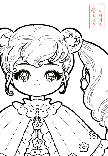 꽃리본 장식 배경으로 양갈래 머리를 하고 레이스 꽃 장식 망토를 입은 원피스 치마 차림의 하츄핑 의인화 색칠공부도안 - 슈팅스타 캐치티니핑 로열핑 메인 티니핑 공주 드레스 느낌