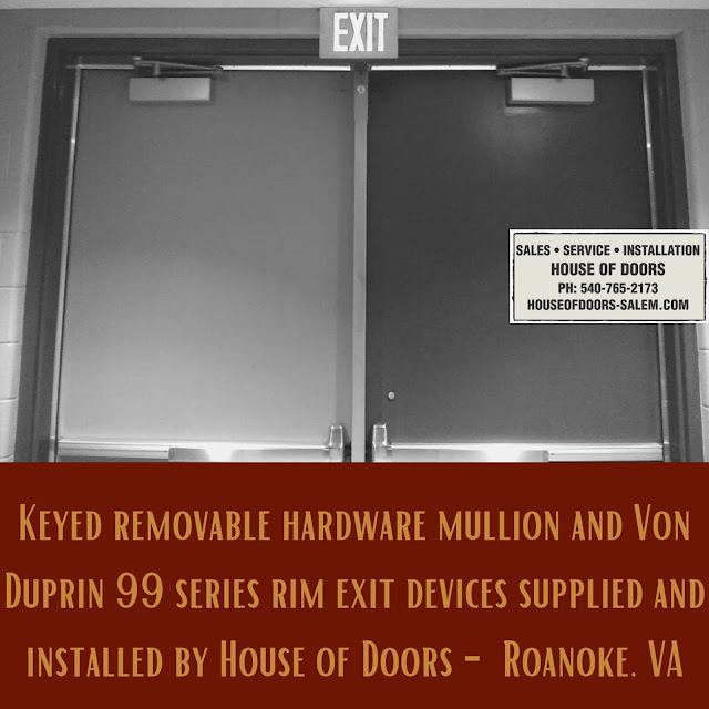 Keyed removable hardware mullion and Von Duprin 99 series rim exit devices supplied and installed by House of Doors - Roanoke, VA