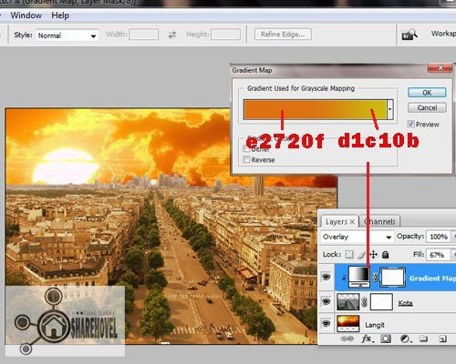 Buatah layer adjustment gradient map diatas layer gambar kota - trik cara membuat efek sunset di photoshop