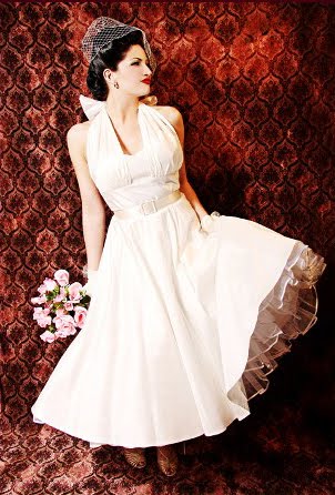 50's Style True Romance Ivory Silk Tea Length Halter Wedding Dress