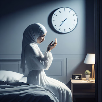 Devout Muslim woman praying in bed with clock.