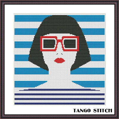 Blue stripes woman portrait cross stitch pattern - Tango Stitch