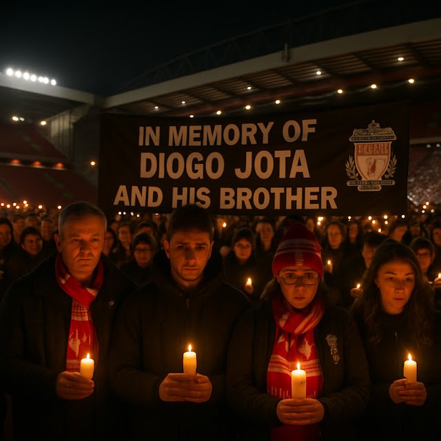 Fans holding candlelight vigil at Anfield to honor Diogo Jota and brother after tragic passing.