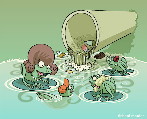 cartoon illustration of frogs in a polluted pond