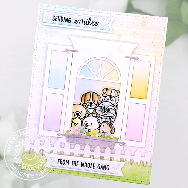 Sunny Studio Stamps: Wonderful Windows Die Focused Friendship Card by Catherine Cohen (featuring Cruising Critters, Picket Fence Border Dies)