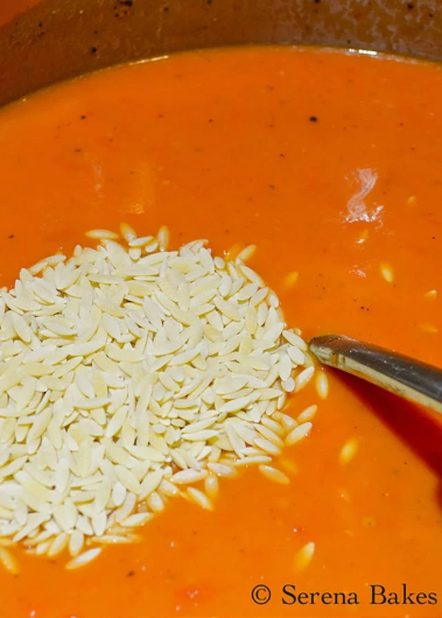 How to make Roasted Tomato Basil Soup With Orzo with fresh tomatoes from Serena Bakes Simply From Scratch.