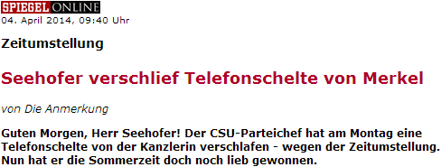 Guten Morgen, Herr Seehofer! Der CSU-Parteichef hat am Montag eine Telefonschelte von der Kanzlerin verschlafen - wegen der Zeitumstellung. Nun hat er die Sommerzeit doch noch lieb gewonnen.