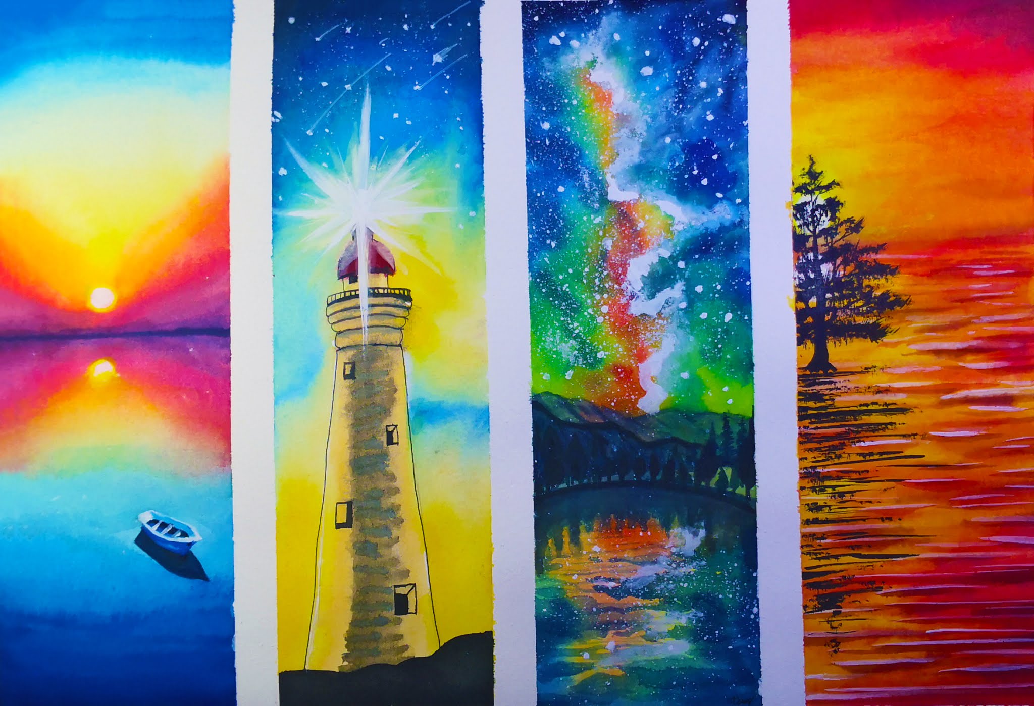 4How to draw watercolor landscape, seascape, Lighthouse , Galaxy night sunset step by step