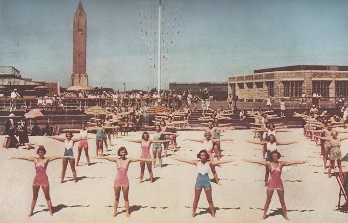 Free lessons in calisthenics are given daily to sun-loving visitors by Jones Beach athletic directors. (1939)